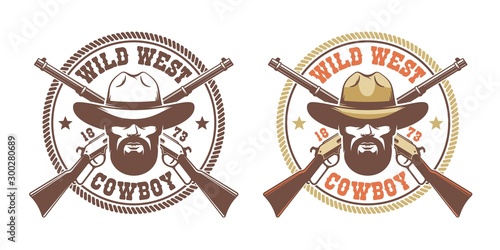 Wild west retro logo - cowboy in hat with crossed rifles. Western vintage emblem. Vector illustration.