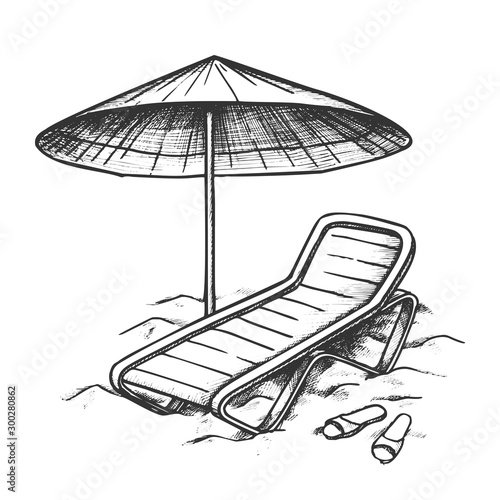 Beach Chair With Umbrella And Slippers Ink Vector. Relaxation Plastic Chair And Parasol. Summer Vacation Elements Engraving Concept Template Hand Drawn In Vintage Style Black And White Illustration