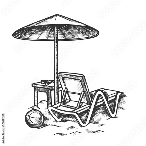 Beach Chair With Umbrella And Stool Retro Vector. Sun Glasses On Wooden Chair And Ball On Sand. Summer Vacation Engraving Concept Template Hand Drawn In Vintage Style Black And White Illustration