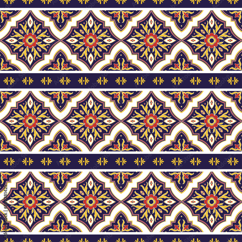 Vintage tile pattern vector border seamless with ornaments. Spanish ceramic motif texture. Majolica mosaic background for kitchen wall or bathroom floor.