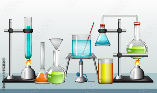 Set of science equipments on white background