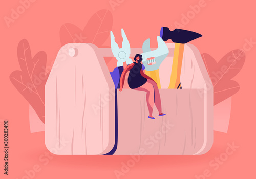 Diy Repair Concept. Tiny Woman Sitting on Huge Tools Box with Hammer Wrench and Pliers. Engineering Construction House Renovation, Architect Building Company Service Cartoon Flat Vector Illustration