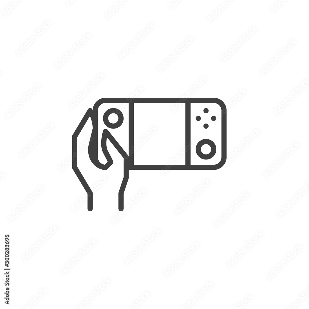 Fototapeta premium Hand with Video game console line icon. linear style sign for mobile concept and web design. Using portable game pad outline vector icon. Symbol, logo illustration. Vector graphics