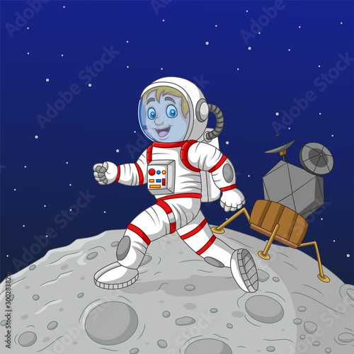 Cartoon boy astronaut walking on the moon
