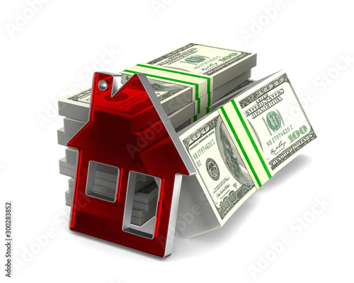 House and cash on white bac...
