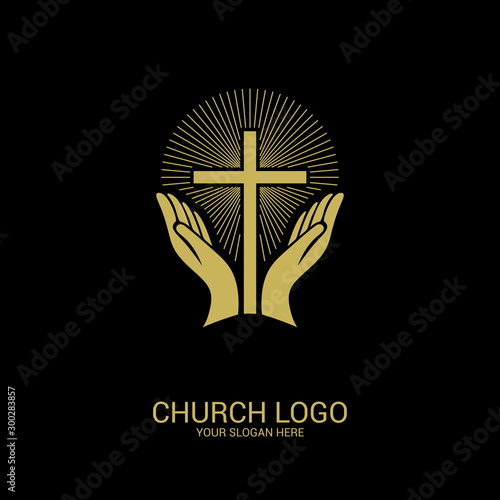 Church logo. Christian symbols. Hands turned to the cross of the Savior Jesus Christ