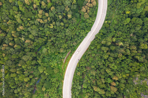 Aerial top view of pathway road in forest, view from drone
