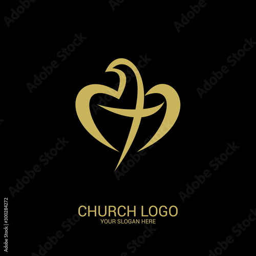 	Church logo. Christian symbols. A dove forming a heart, and inside the cross of Christ