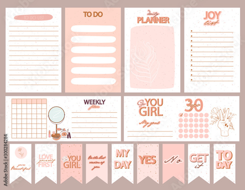 Collection of weekly or daily planner, note paper, to do list, stickers templates decorated by Girl Power concept and beauty cosmetic illustrations and inspirational quote. Vector Illustration.