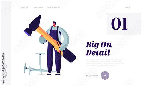 Husband for an Hour Service Website Landing Page. Man in Uniform Holding Huge Tool Hammer Repair Home. Electrician, Plumber Carpenter Call Master Work Web Page Banner. Cartoon Flat Vector Illustration