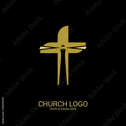 Church logo. Christian symbols. The lighthouse is the light of truth inside the cross of Jesus.