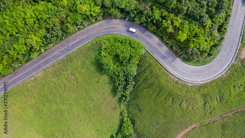 Aerial view of Rural road in countryside area, view from drone photo