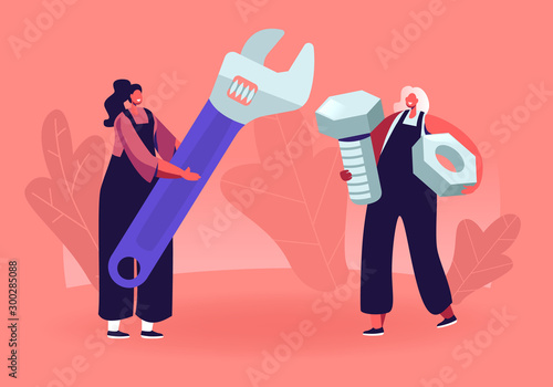 Female Characters with Tools. Tiny Girls in Overalls Holding Huge Wrench Screw and Nut. Handyman Women Fixing Broken Technics at Home, Repair Service Call Masters. Cartoon Flat Vector Illustration