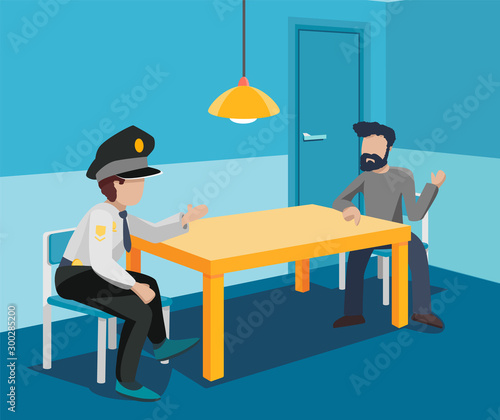 A police investigator interrogates a criminal in an interrogation room. An attacker and an officer are sitting at a table in a blue interior with a lamp and a door. Vector flat illustration