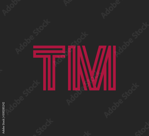 Initial two letter red line shape logo on black vector TM