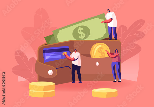 Successful Business People Put Money in Huge Purse. Tiny Men and Women Characters Holding Huge Golden Coins and Currency Bills. Savings, Cash and Credit Cards Concept. Cartoon Flat Vector Illustration