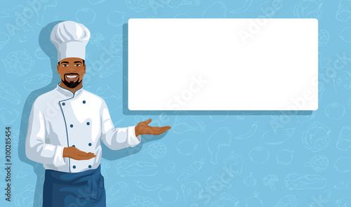 Horizontal background with African American chef showing by hand to copy space. Yong smiling handsome cook man points to white banner for your text. Flyer design template. Vector illustration.