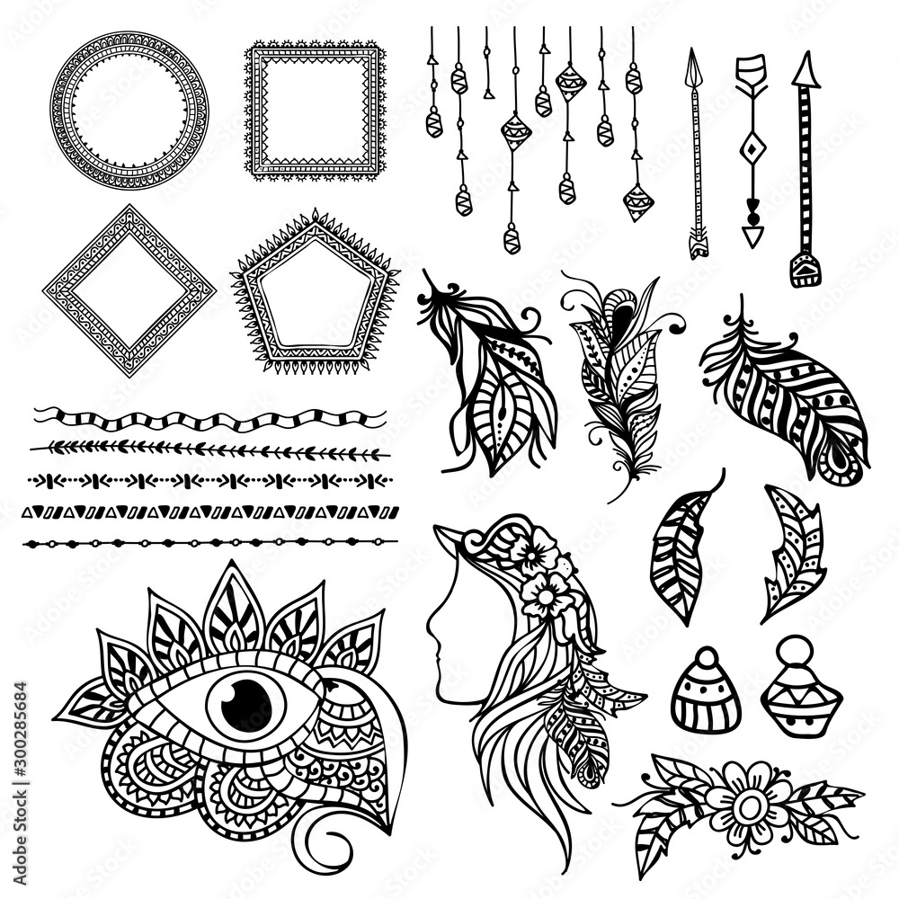 Boho style hand drawn elements set. Boho style hand drawn elements set.