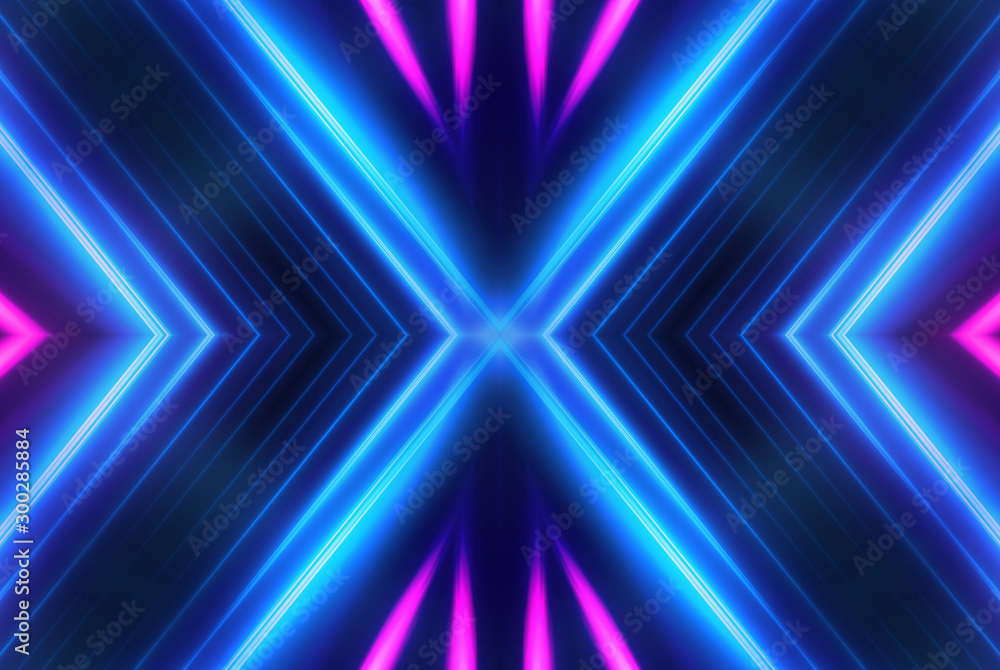 Dark abstract futuristic background. Neon lines glow. Neon lines, shapes. Multi-colored glow, blurry lights, bokeh. Empty stage background