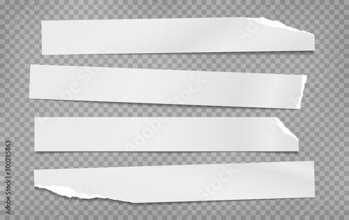 Set of torn white note, notebook paper pieces, reminder tapes stuck on grey squared background. Vector illustration