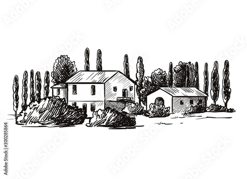 village houses and farmland. sketch drawn by hand on a black background