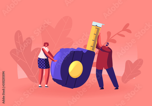 Home Renovation Diy Tool and Repair Service Concept. Man and Woman Holding Huge Measuring Tape for Engineering Construction Works. Architect Building Company Employees Cartoon Flat Vector Illustration