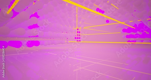 Abstract architectural smooth white interior from an array of white spheres with with color gradient neon lighting. 3D illustration and rendering.