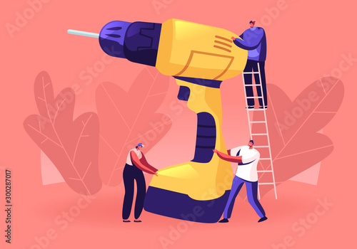 Home Repair Tool Concept. People Climbing on Huge Drill by Ladder. Construction Engineers Characters in Workwear with Building Equipment. Carpenter Repairman Builder. Cartoon Flat Vector Illustration