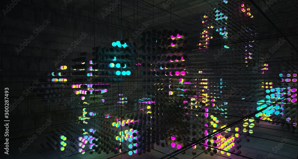 Abstract architectural concrete smooth interior from an array of spheres with color gradient neon lighting. 3D illustration and rendering. Abstract architectural concrete smooth interior from an array of spheres with color gradient neon lighting. 3D illustration and rendering.