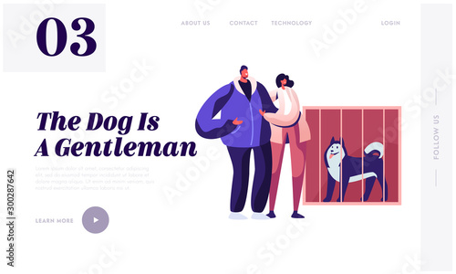 People Adopting Pet from Shelter Website Landing Page. Couple Stand at Cage with Dog in Rehabilitation Adoption Center for Stray and Homeless Animals Web Page Banner. Cartoon Flat Vector Illustration