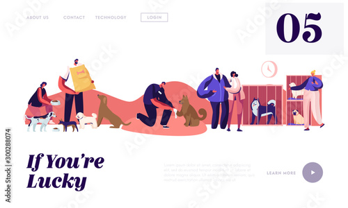 People Help Homeless Animals Website Landing Page. Kind Men and Women Adopting Pets from Shelter, Healing and Feeding Dogs. Pound, Rehabilitation Web Page Banner. Cartoon Flat Vector Illustration