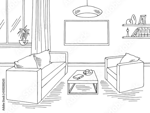 Living room graphic black white home interior sketch illustration vector