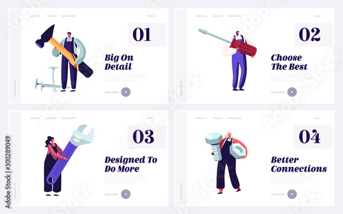 People with Diy Tools for Home or Technics Repair Website Landing Page Set. Architect Building Company Employees, Carpenters or Plumbers Service Web Page Banner. Cartoon Flat Vector Illustration