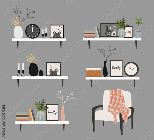 Set of Wall shelves for a Scandinavian-style living room interior with flower pots, vase with a branch, books, clock and paintings. Vector flat illustration.
