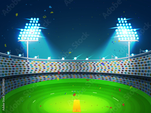 Night view of Cricket Stadium in spotlights for Sports.