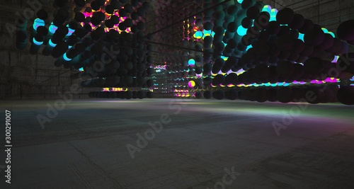 Abstract architectural concrete smooth interior from an array of spheres with color gradient neon lighting. 3D illustration and rendering.