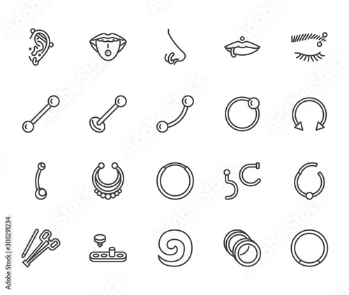 Piercing flat line icons set. Body jewelry, nose hoop, ear ring, tongue labret, tunnels, microdermal vector illustrations. Outline signs for piercings studio. Pixel perfect 64x64. Editable Strokes