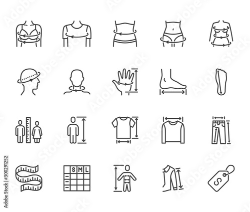 Clothes size flat line icons set. Body measurement waist circumference, hip, chest, sleeve length, height vector illustrations. Outline signs clothing sizes table. Pixel perfect 64x64 Editable Stroke