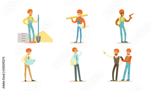 Male builders and engineers. Vector illustration on a white background.