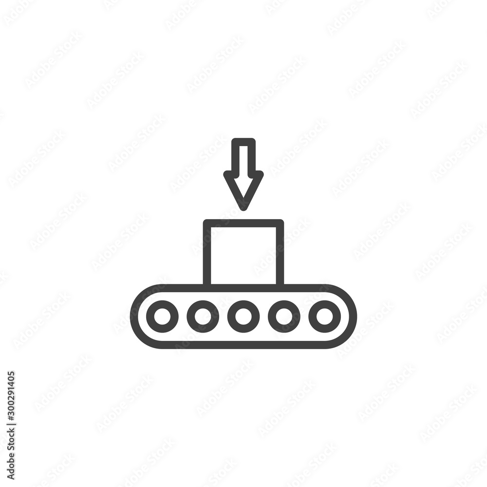 Box loading on conveyor belt line icon. linear style sign for mobile concept and web design. Automatic Packing conveyor outline vector icon. Symbol, logo illustration. Vector graphics Box loading on conveyor belt line icon. linear style sign for mobile concept and web design. Automatic Packing conveyor outline vector icon. Symbol, logo illustration. Vector graphics