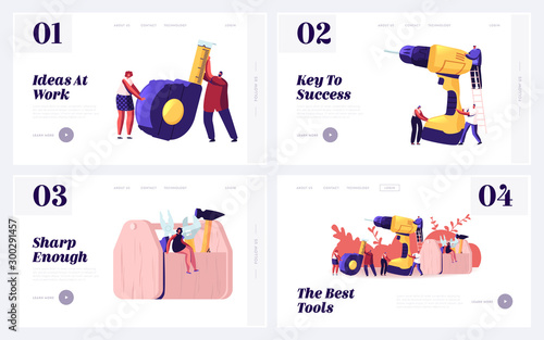 Handyman Engineering Occupation Website Landing Page Set. Architect or Engineer Workers Characters Holding Huge Instruments for Home Renovation Works Web Page Banner. Cartoon Flat Vector Illustration