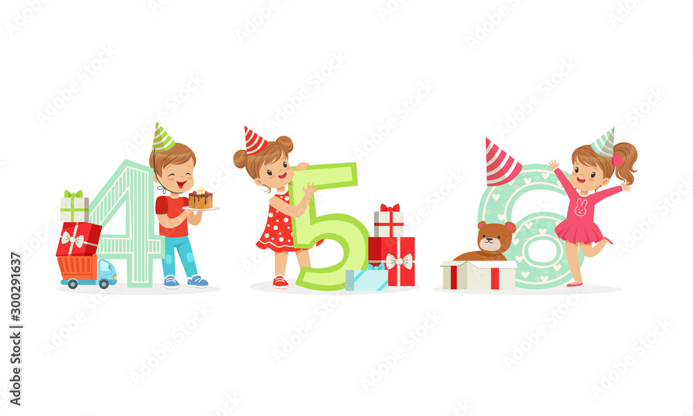 Children in party hats are standing next to large numbers. Vector illustration on a white background.