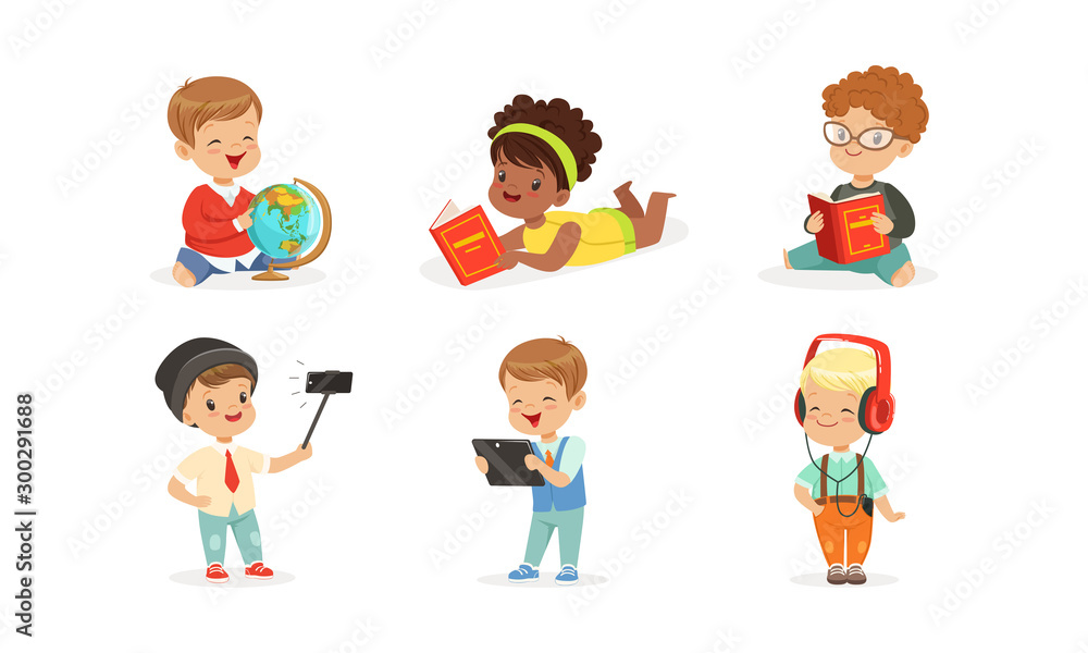 Little children with gadgets and books. Vector illustration on a white  background. Stock Vector