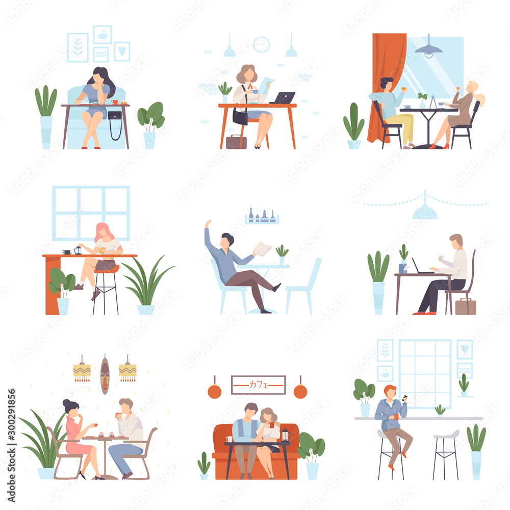 Men and women in a cafe. Vector illustration.