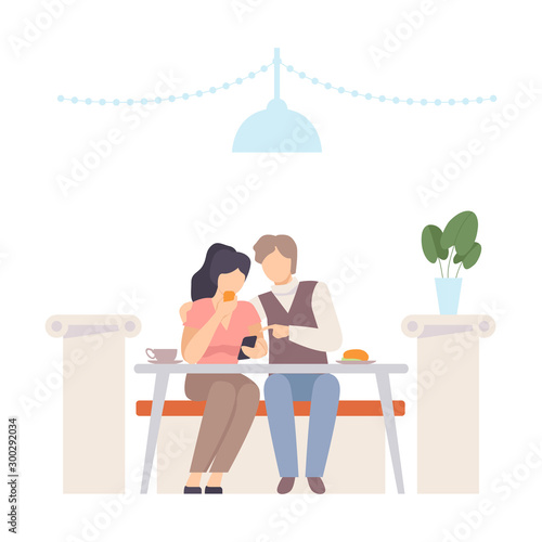 Man with a woman at a table in a cafe. Vector illustration.