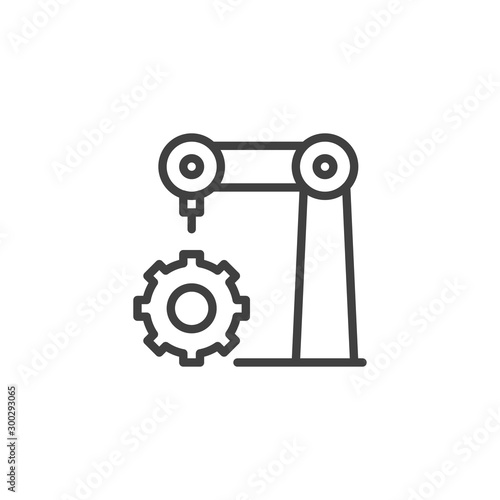 Robot arm and gear line icon. linear style sign for mobile concept and web design. Robotic assembly outline vector icon. Symbol, logo illustration. Vector graphics