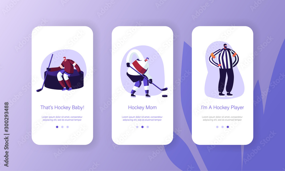 Hockey Players on Ice Rink Mobile App Page Onboard Screen Set. Winter Sport Game Competition. Sportsmen and Referee Playing on Stadium Concept for Website or Web Page, Cartoon Flat Vector Illustration - obrazy, fototapety, plakaty 
