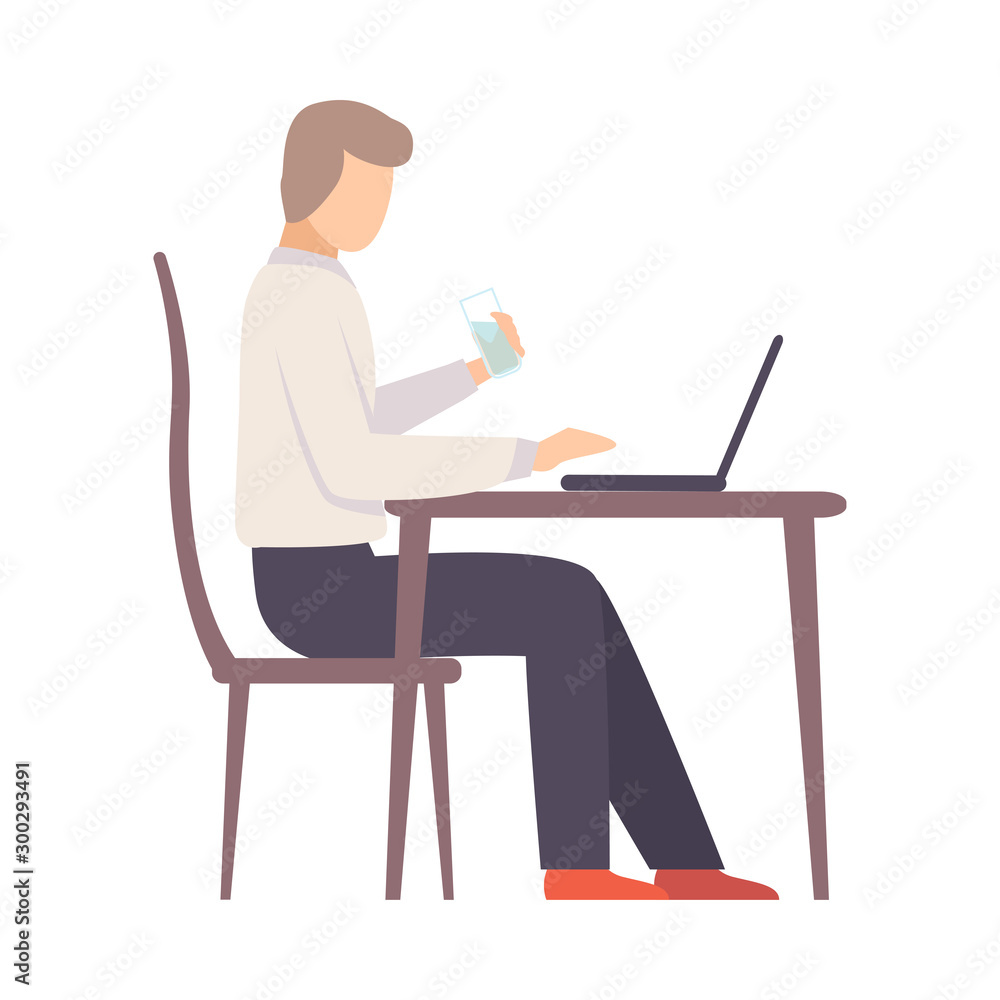 Man works on a laptop at the table. Vector illustration.