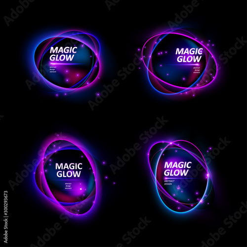 Magic light effects. Illustration isolated on dark background. Mystical portal. Bright sphere lens. Rotating lines. Glow ring. Magic neon ball. Abstract design logo. Vector.