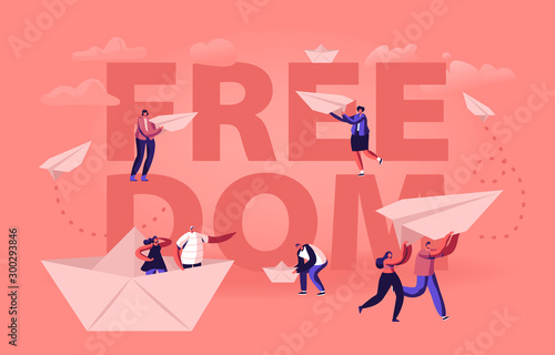 Freedom Concept. Happy People Throwing Paper Airplanes and Floating on Paper Ship. Tiny Male and Female Characters Enjoying Life Traveling Poster Banner Flyer Brochure Cartoon Flat Vector Illustration